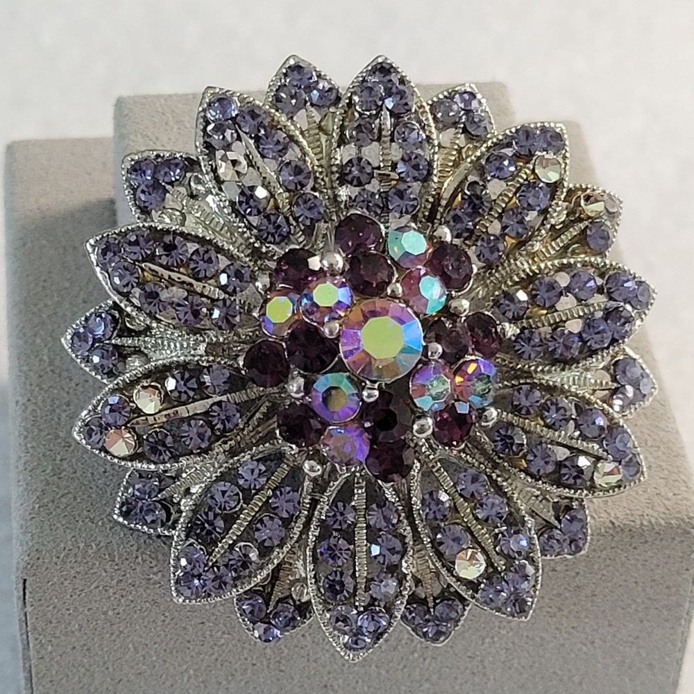 Purple Aurora Borealis Rhinestone Flower Brooch Silver Tone Repair AS IS